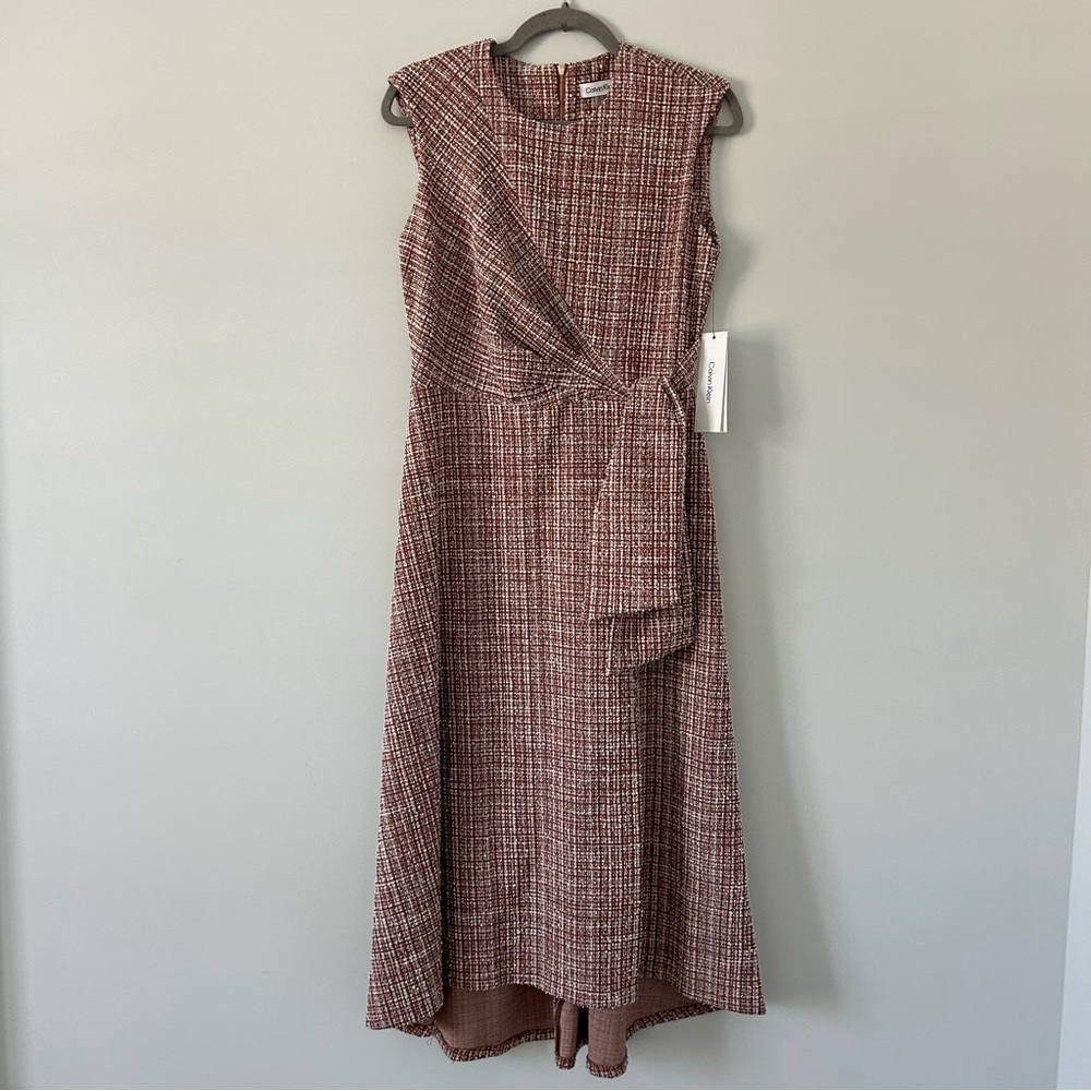 Calvin Klein Jewel Neck Sleeveless Faux Wrap Tweed Midi Dress Pink Tan White NWT